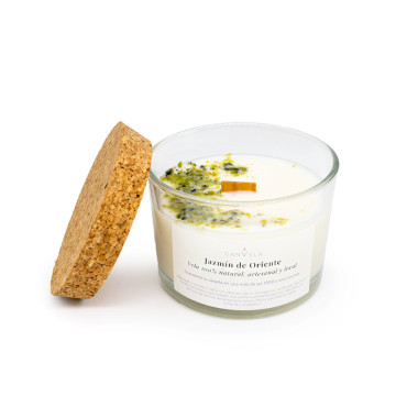 Vela vegetal perfumada hecha a mano Jazmín de Oriente. Con jazmín y mineral Serpentina.