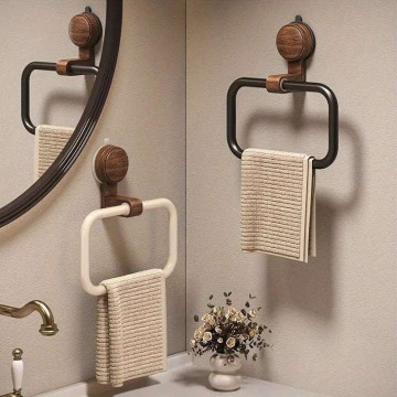 Walnut Towel Ring - Suction Mount, No Drill - Elegant Oval Design