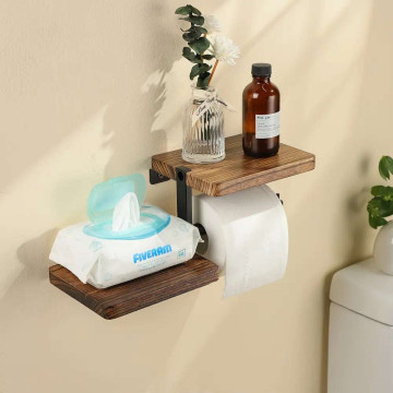 1pc Wooden Wall-Mounted Toilet Paper Holder with Shelf